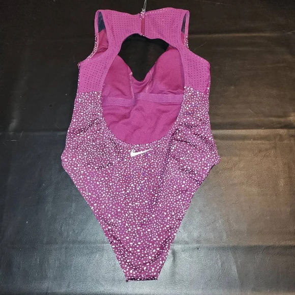 Nike Womens Maroon White Polka Dot One Piece Bathing Swim Suit Open Back Large - Picture 2 of 5